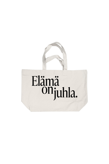 Elämä on juhla kangaskassi luonnonvalkoinen